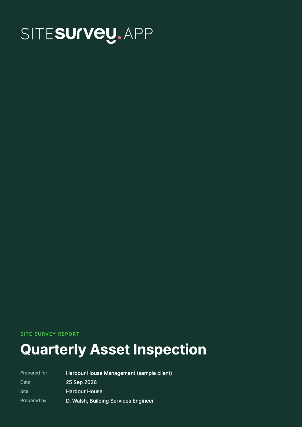 Cover of a sample quarterly asset inspection report for Harbour House
