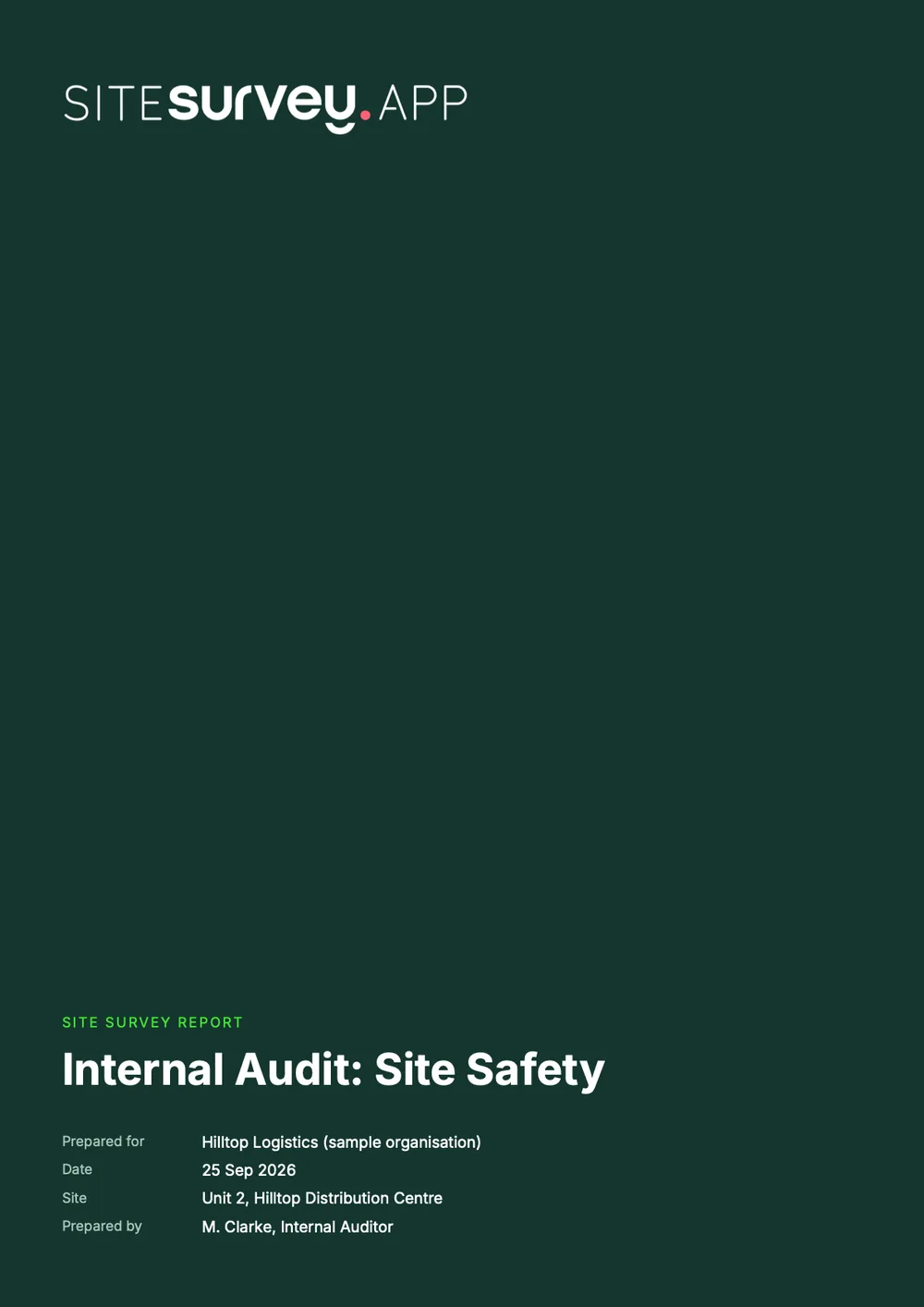 Cover of a sample internal site safety audit report for Unit 2, Hilltop Distribution Centre