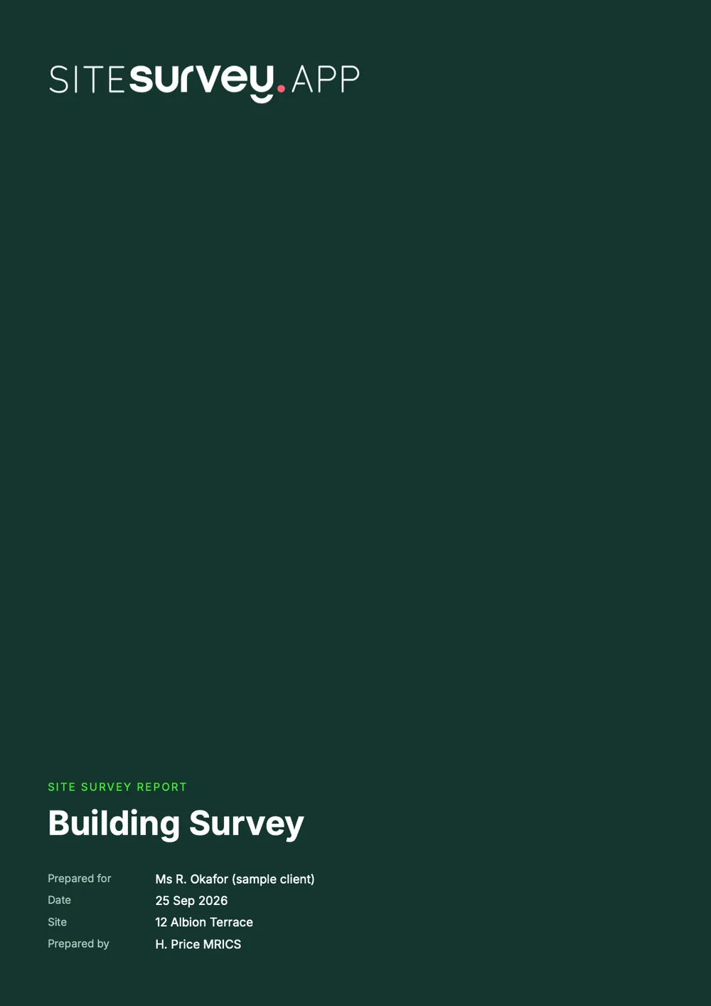 Cover of a sample building survey report for 12 Albion Terrace