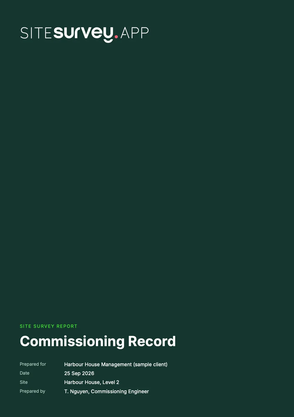 Cover of a sample commissioning record for Harbour House, Level 2