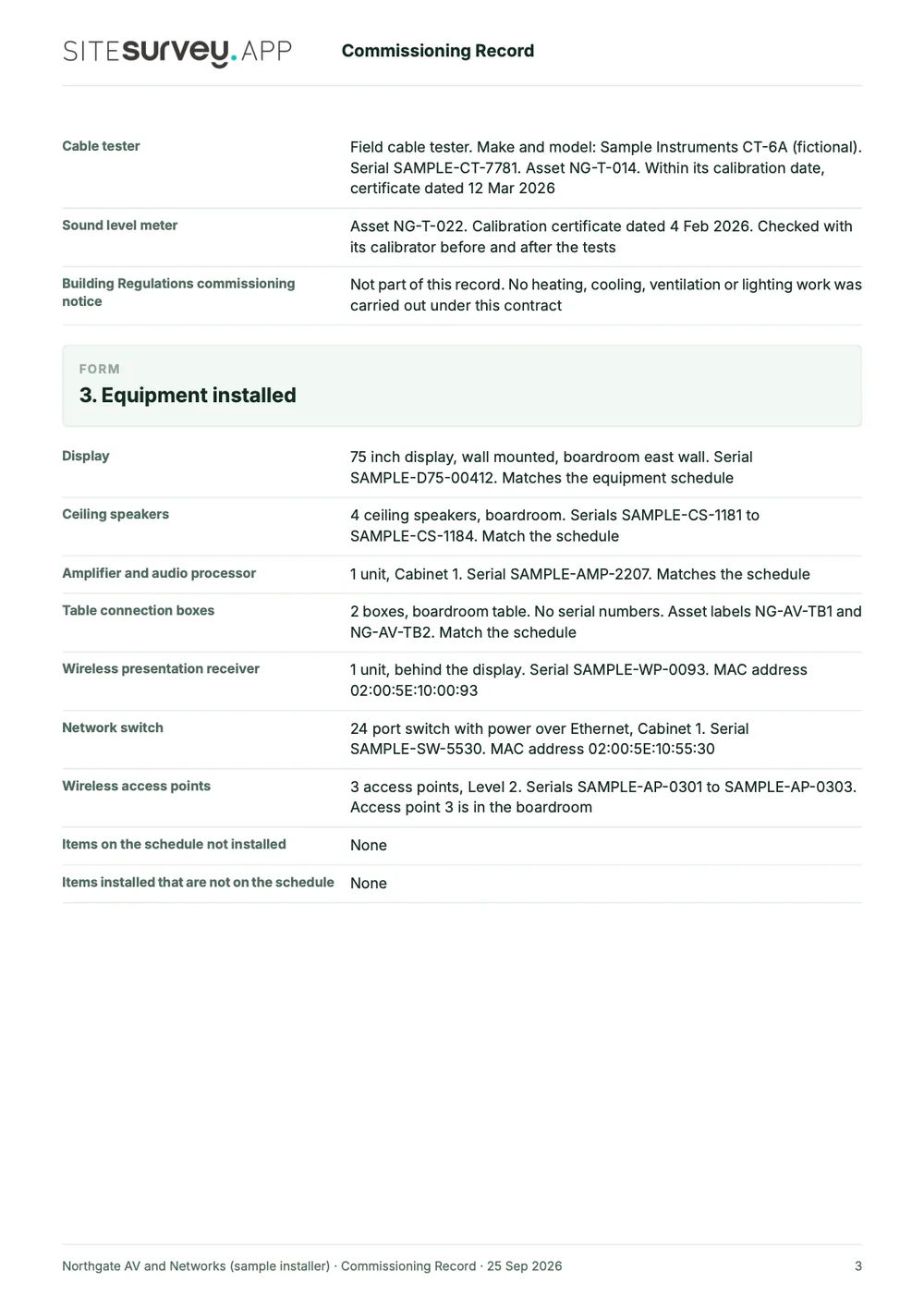 Commissioning record, page 3