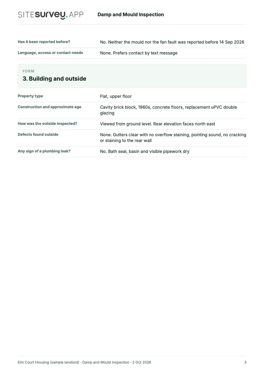 Damp and mould inspection report, page 3