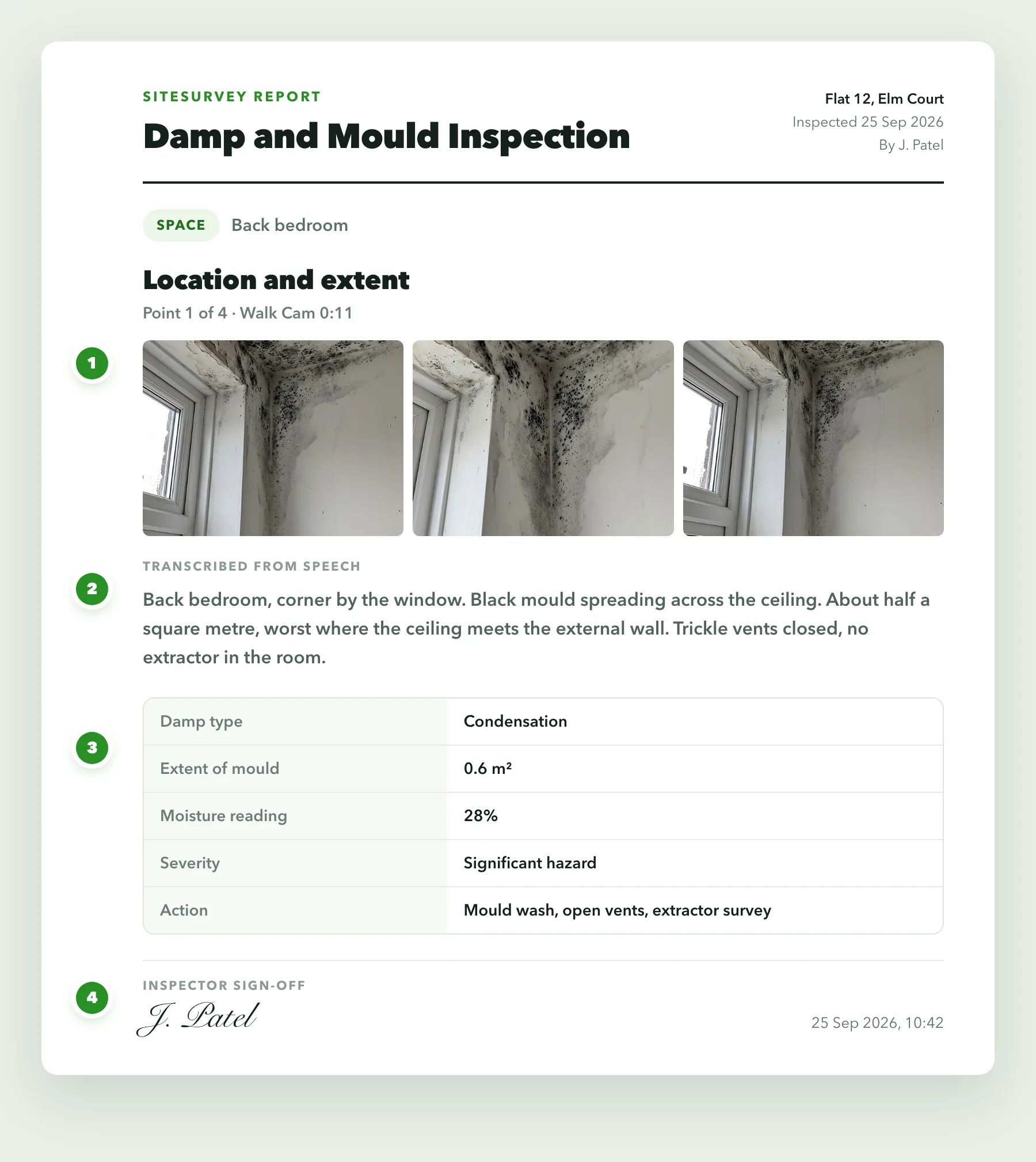 One page of a damp and mould inspection report: stills of the mouldy bedroom corner, the transcribed notes, the form answers and the inspector's dated sign-off