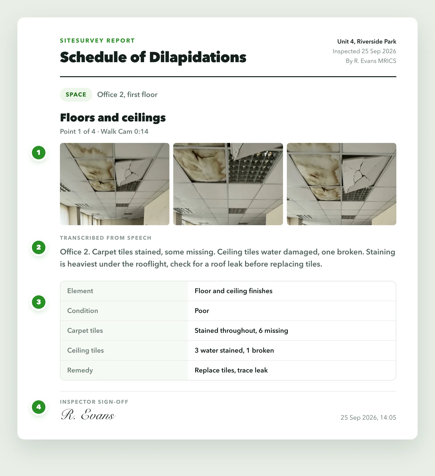 One page of a schedule of dilapidations: stills of the damaged ceiling tiles, the transcribed notes, the condition entries and the surveyor's dated sign-off