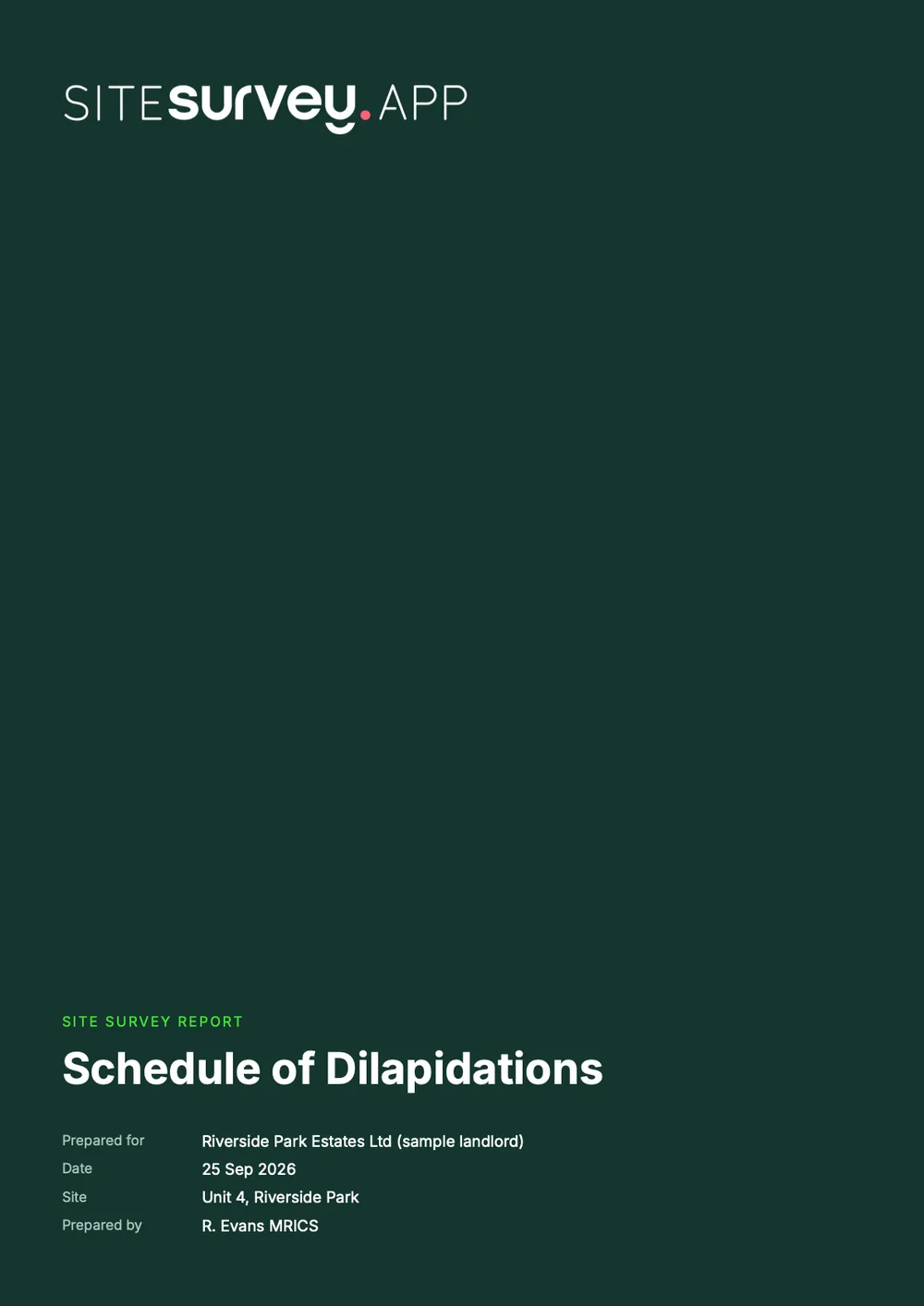 Cover of a sample schedule of dilapidations for Unit 4, Riverside Park