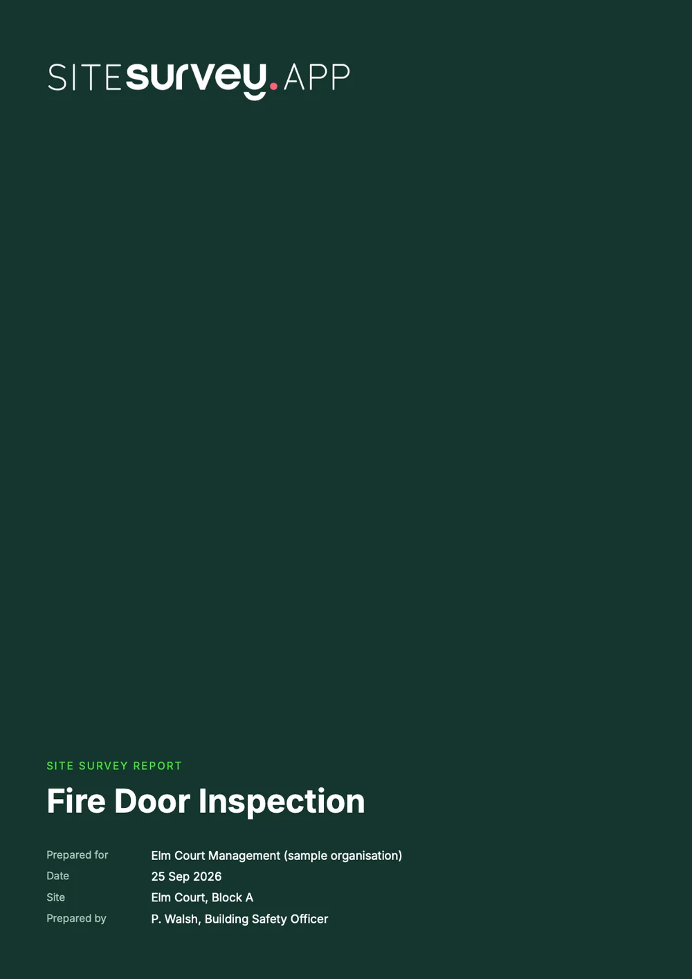 Cover of a sample fire door inspection report for Elm Court, Block A