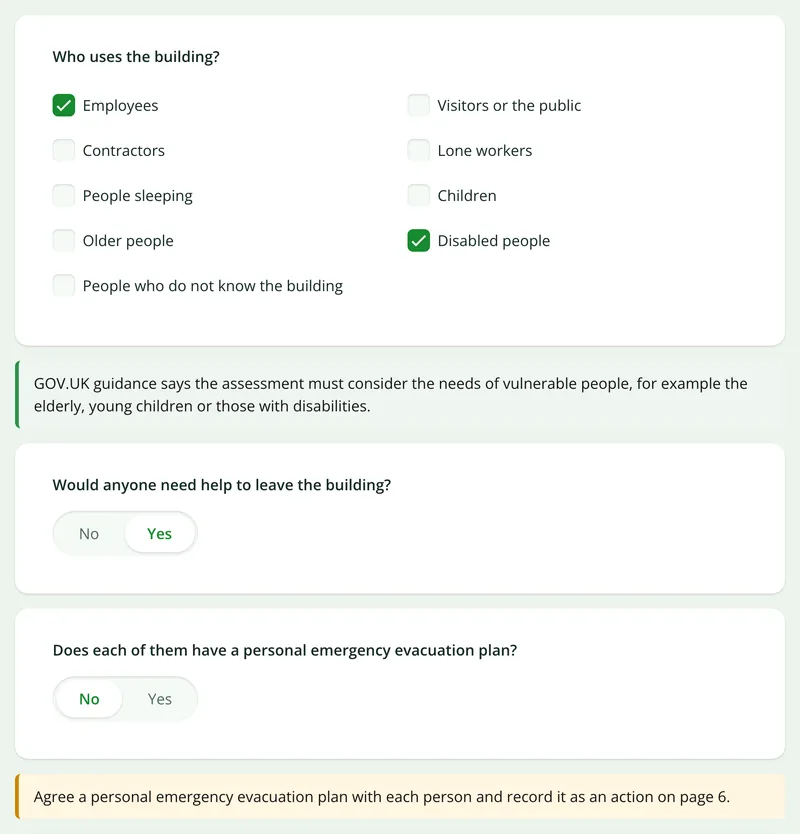 The people at risk page with disabled people ticked, someone needing help to leave and no evacuation plan, and the notice to agree a personal emergency evacuation plan