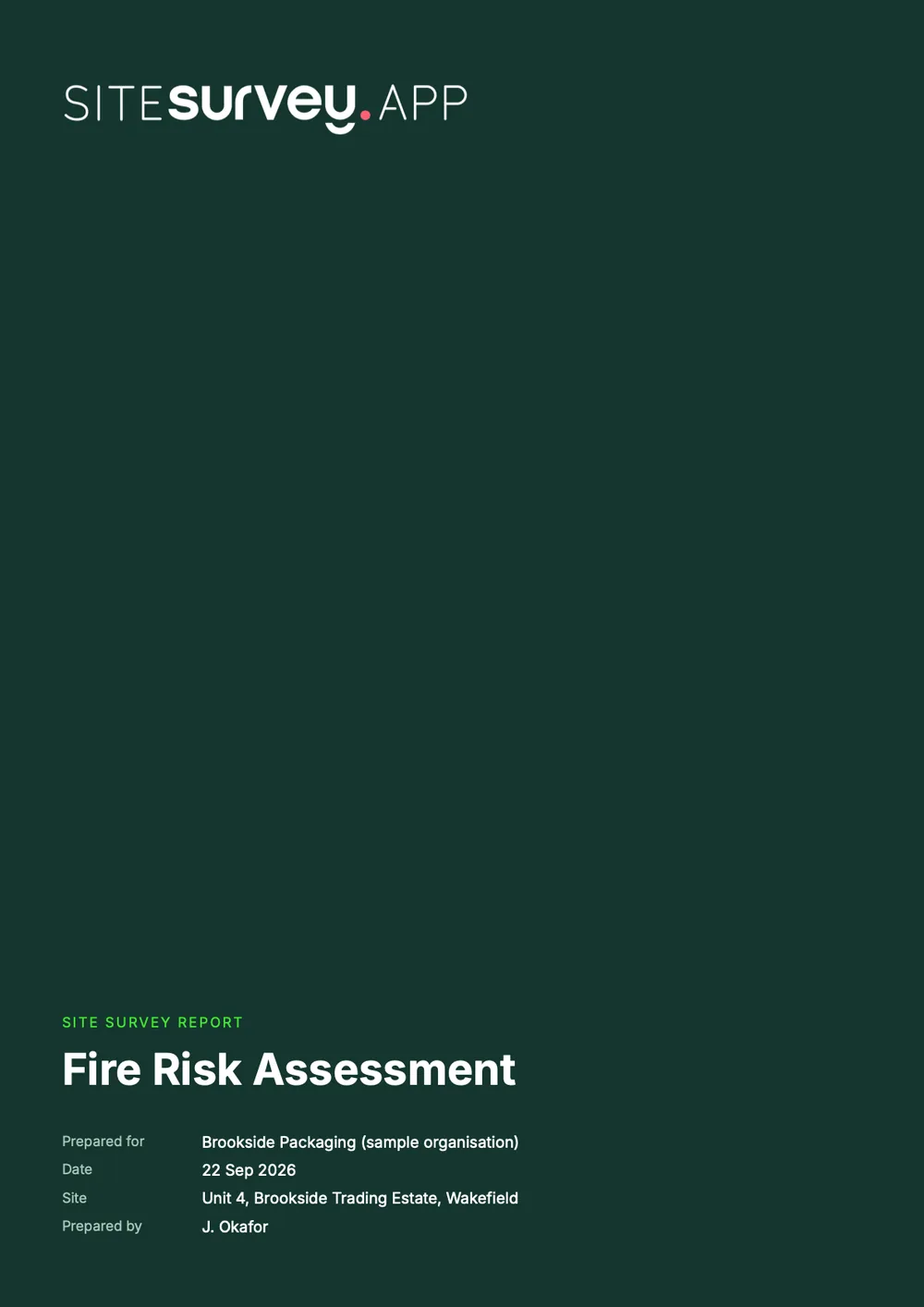 Cover of a sample fire risk assessment report for Unit 4, Brookside Trading Estate, Wakefield