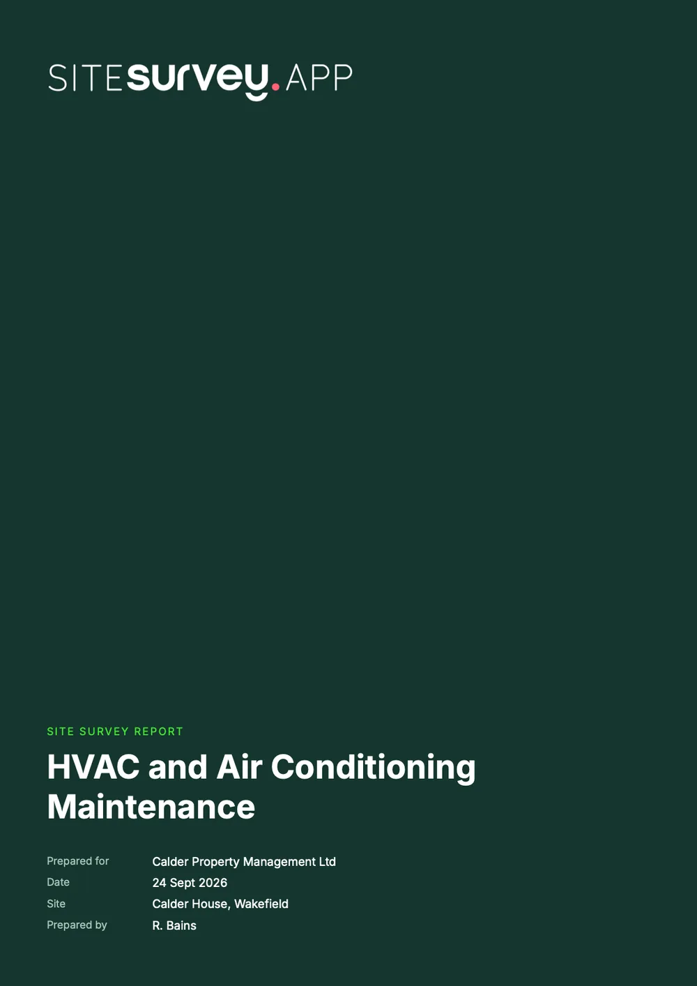 Cover of a sample HVAC and air conditioning maintenance report for Calder House, Wakefield