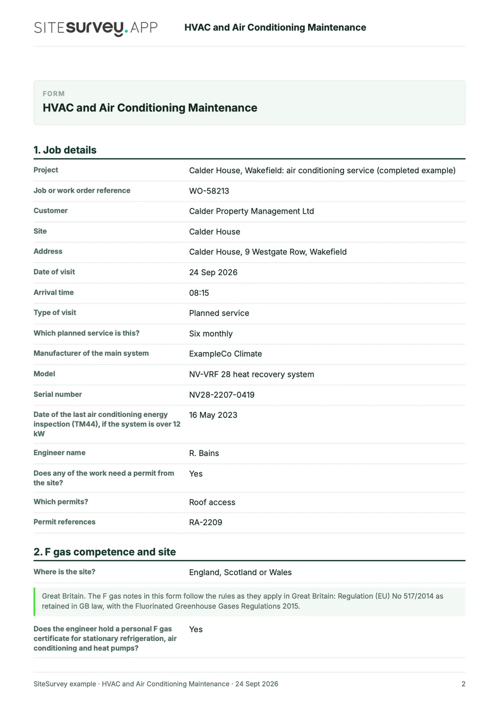 HVAC service report, page 2