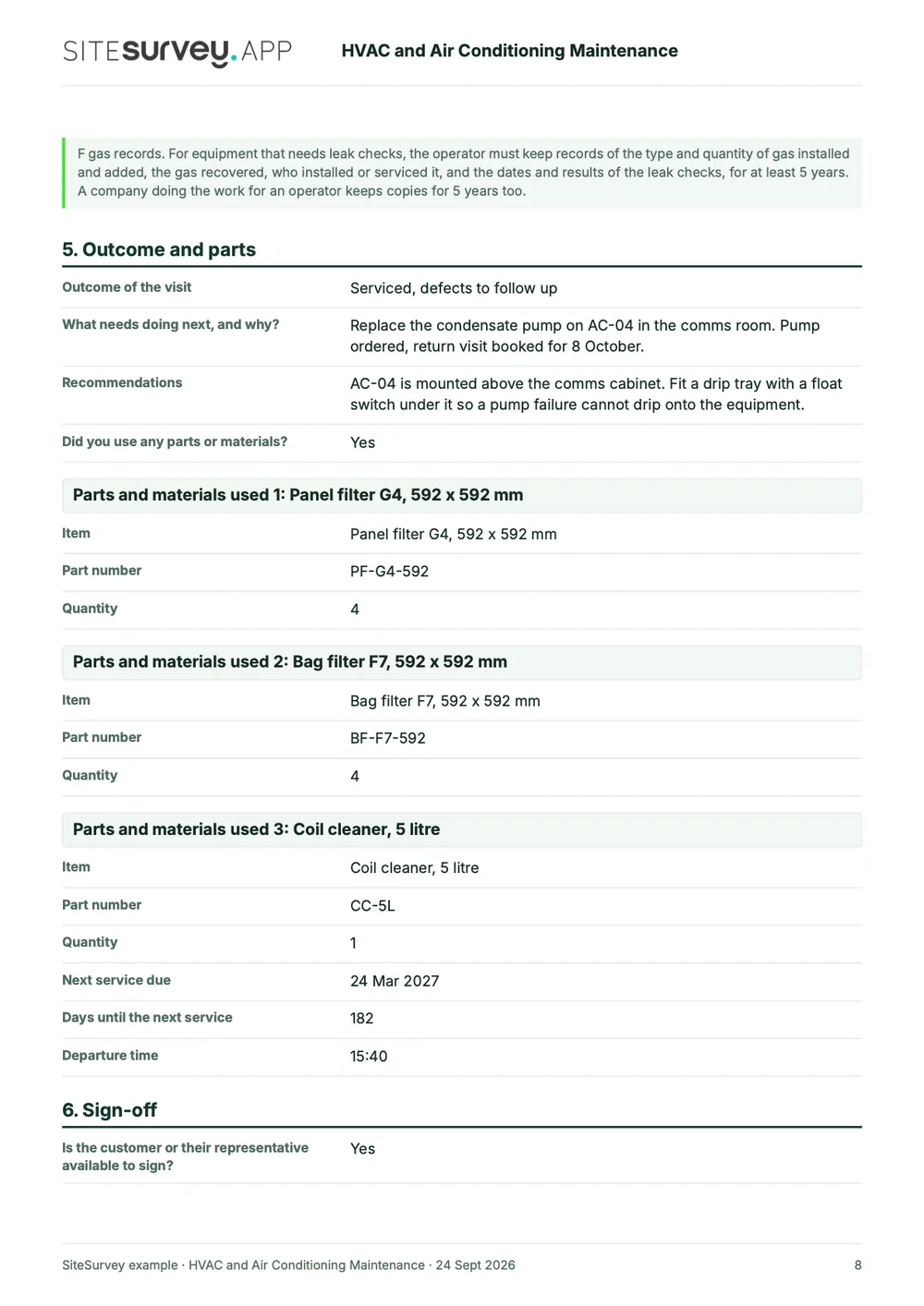 HVAC service report, page 8