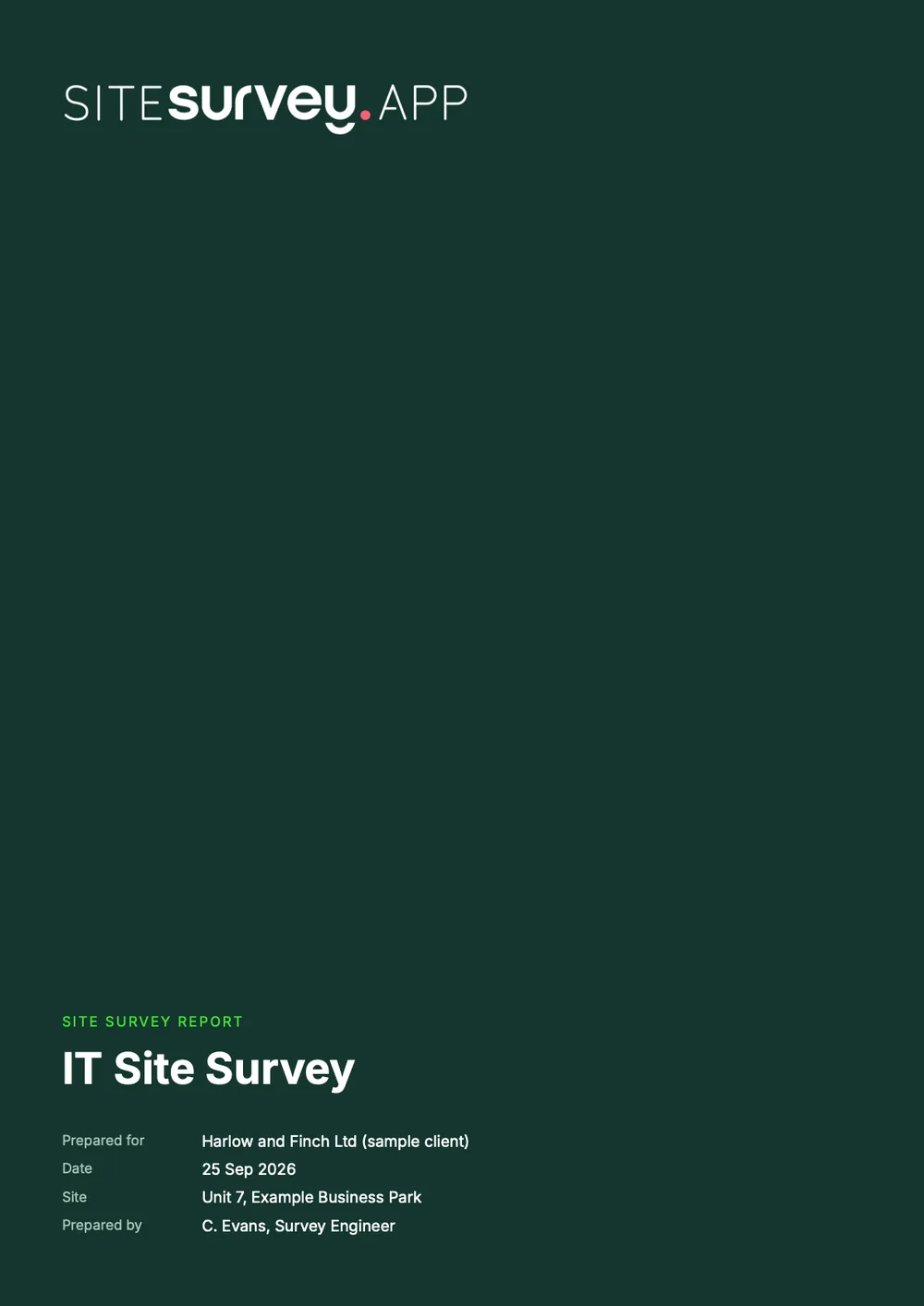 Cover of a sample IT site survey report for Unit 7, Example Business Park
