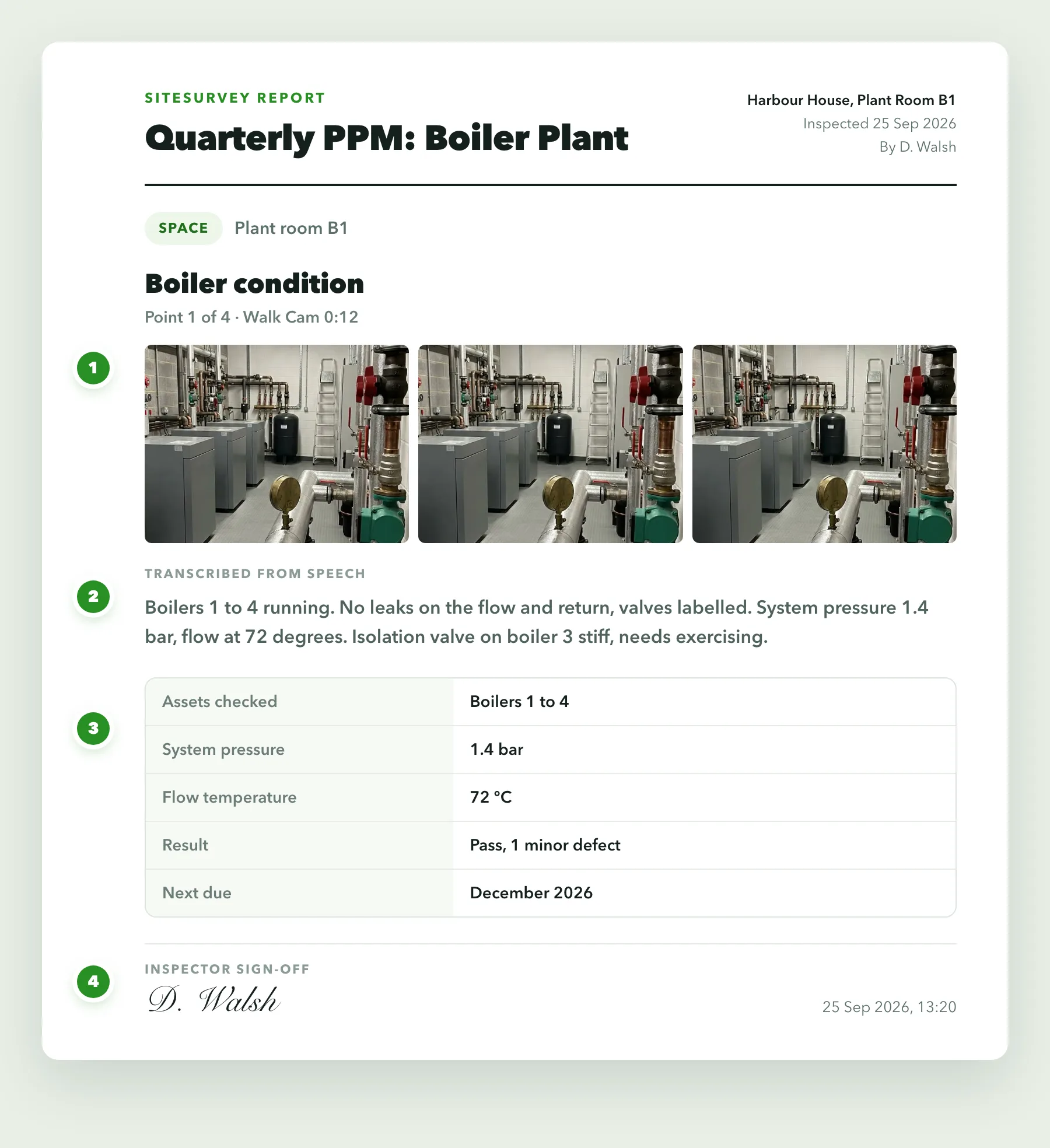 One page of a planned maintenance report: stills of the boiler plant, the transcribed notes, the readings and the engineer's dated sign-off