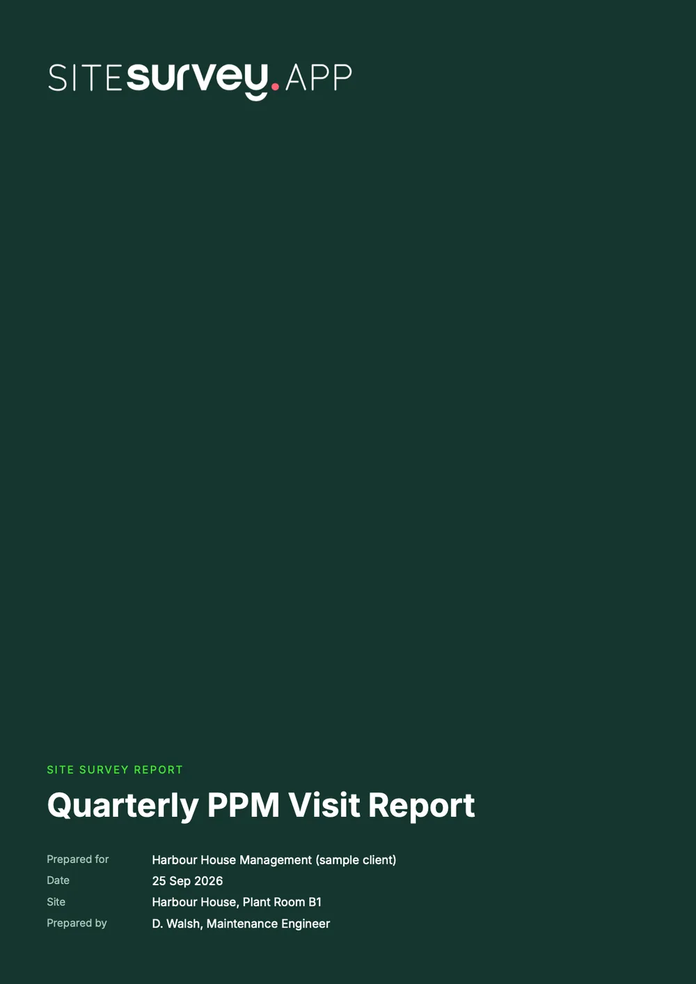 Cover of a sample quarterly PPM visit report for Harbour House, Plant Room B1