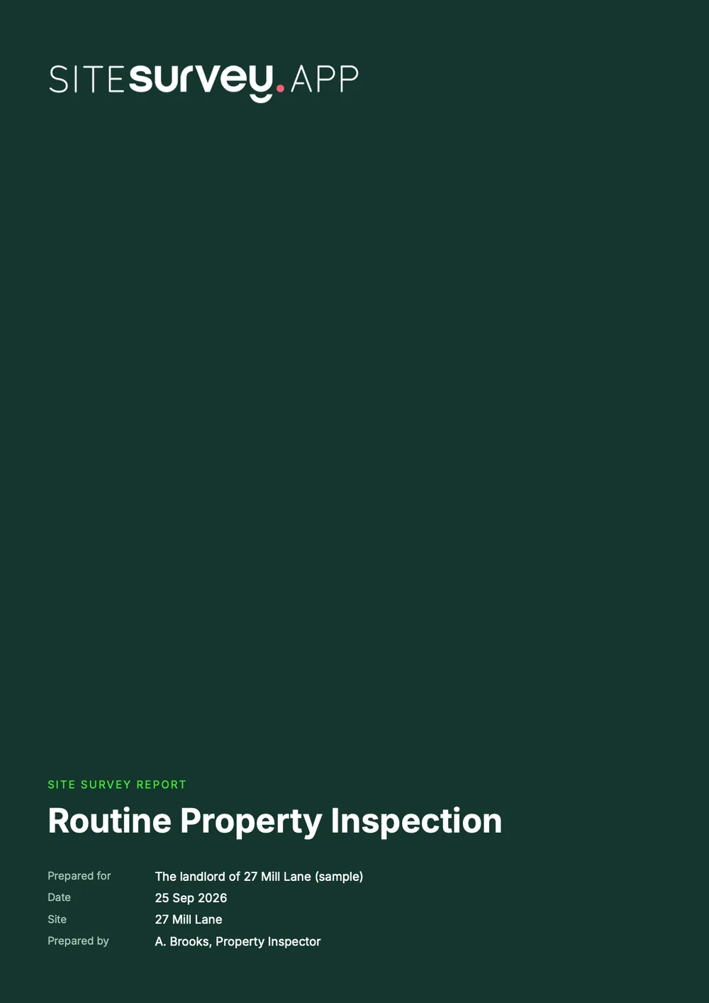 Cover of a sample routine property inspection report for 27 Mill Lane