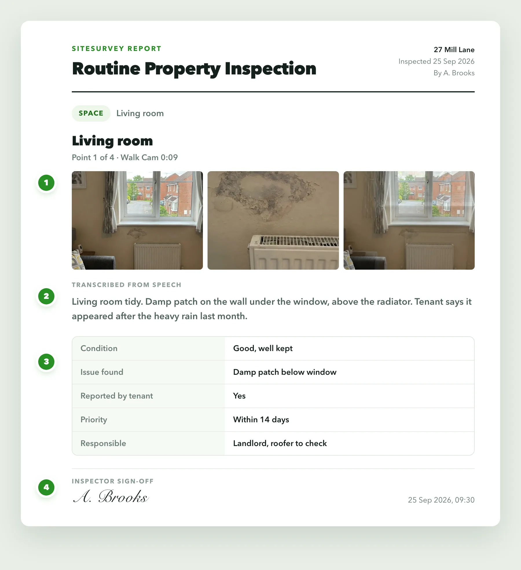 One page of a routine property inspection report: stills of the damp patch below the window, the transcribed notes, the checklist answers and the inspector's dated sign-off