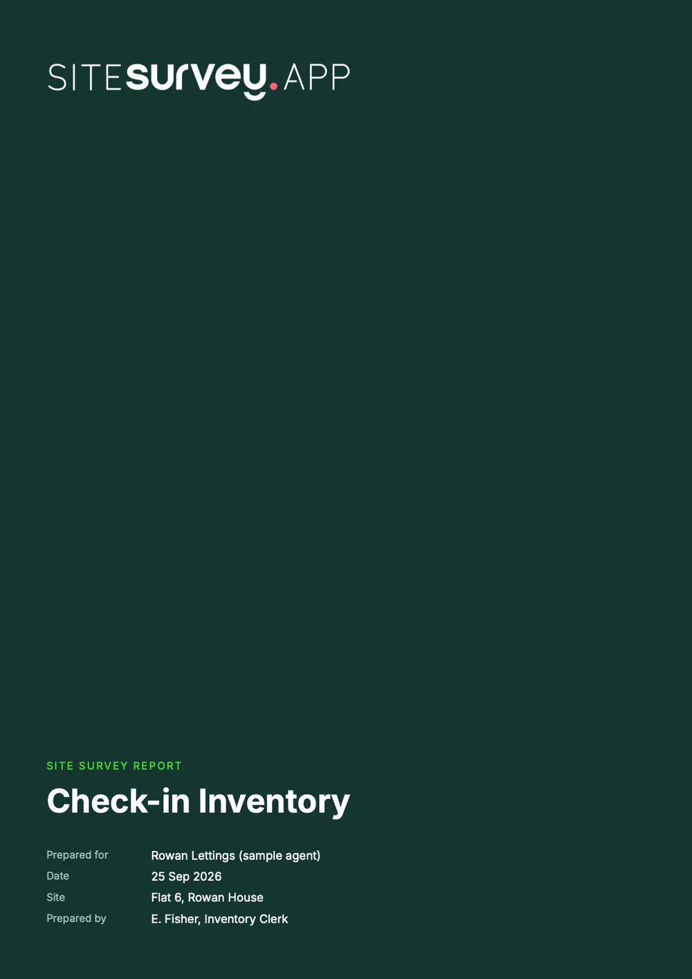 Cover of a sample check-in inventory report for Flat 6, Rowan House