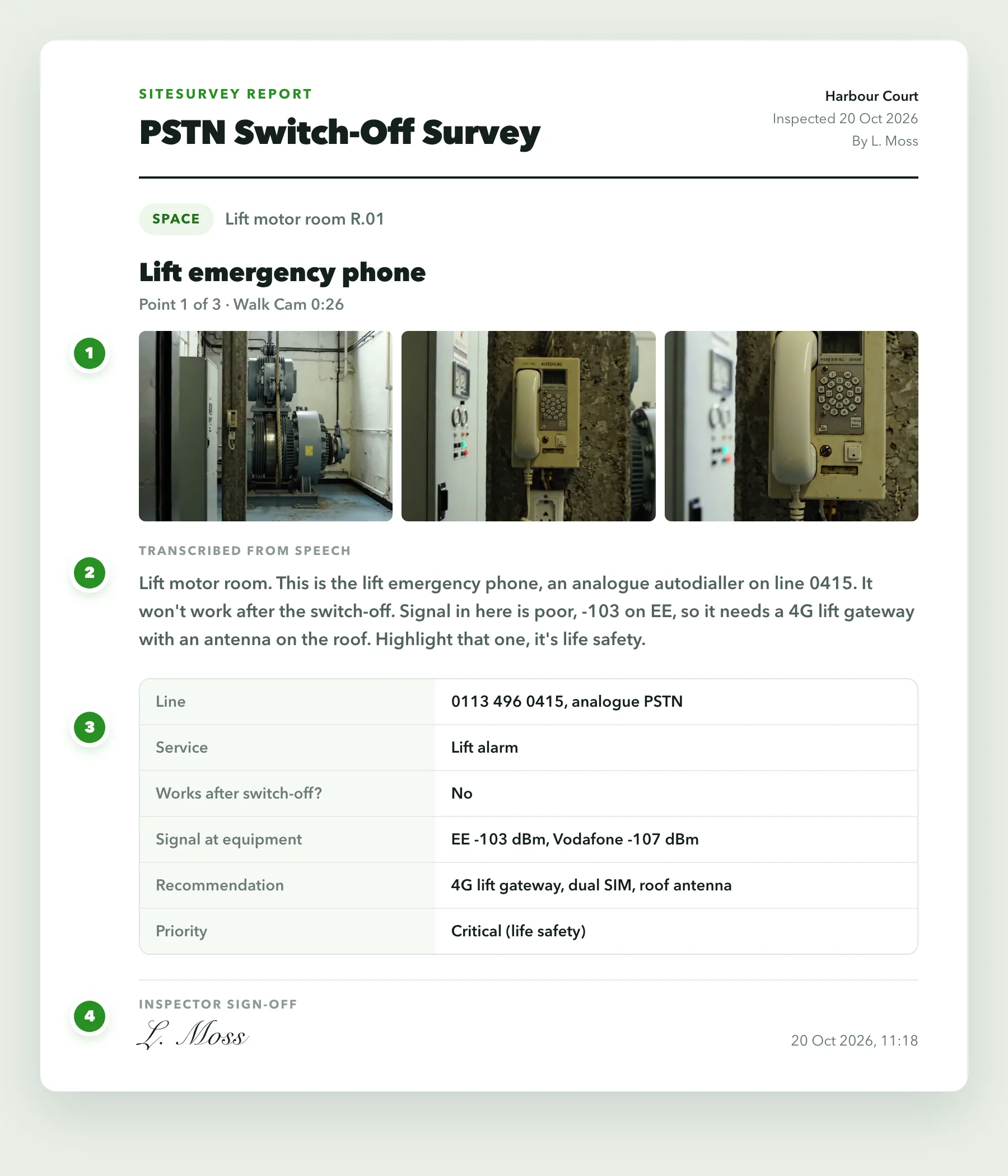 One page of a PSTN switch-off survey report: three stills of the lift motor room and autodialler, the transcribed notes, the line record with signal and recommendation, and the engineer's dated sign-off