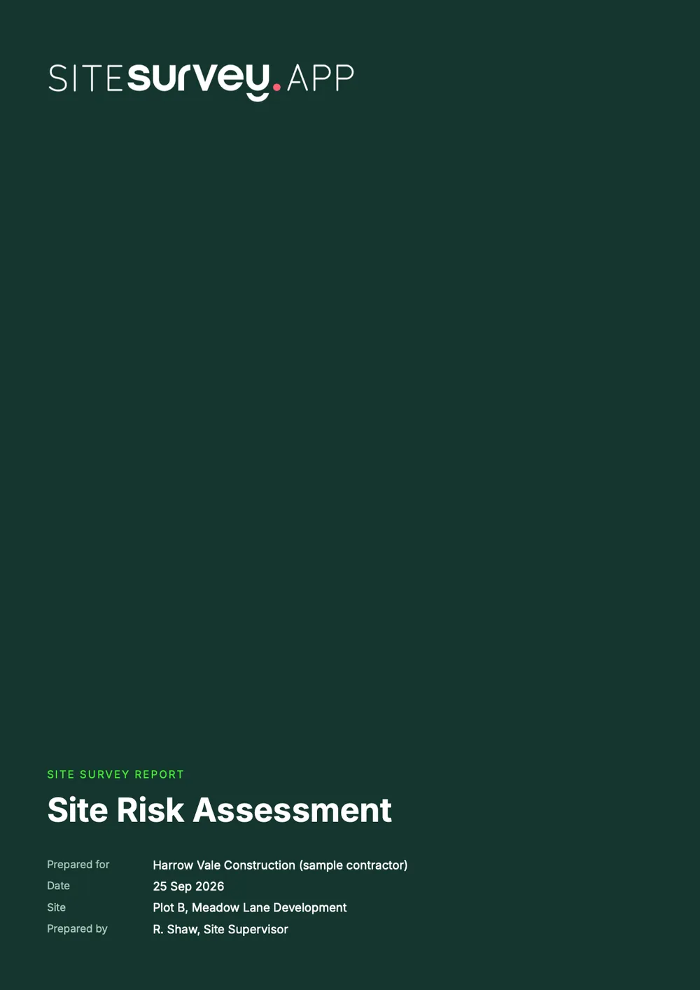 Cover of a sample site risk assessment report for Plot B, Meadow Lane Development