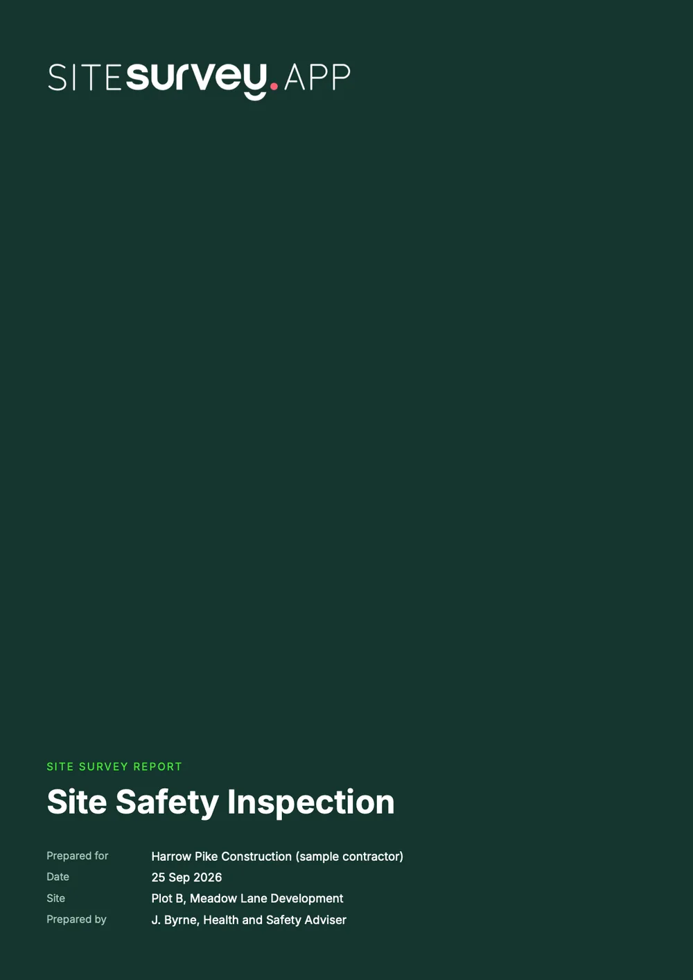 Cover of a sample site safety inspection report for Plot B, Meadow Lane Development