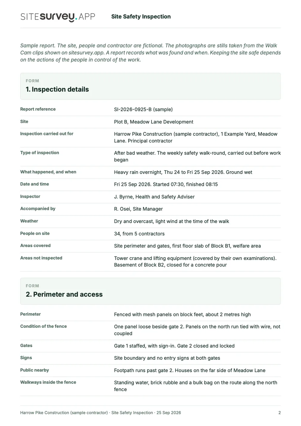 Site safety inspection report, page 2