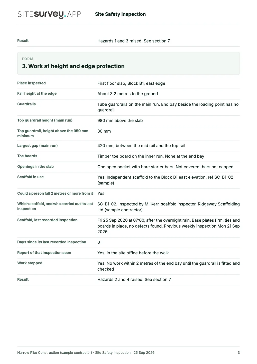 Site safety inspection report, page 3
