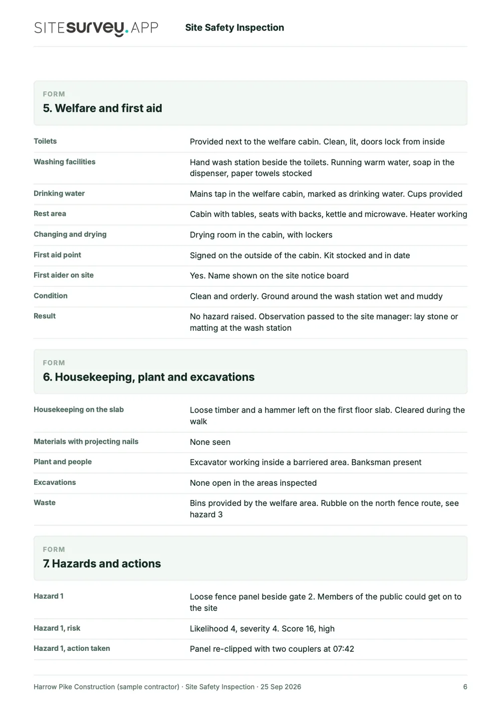 Site safety inspection report, page 6