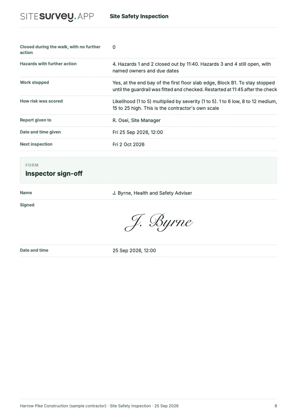 Site safety inspection report, page 8
