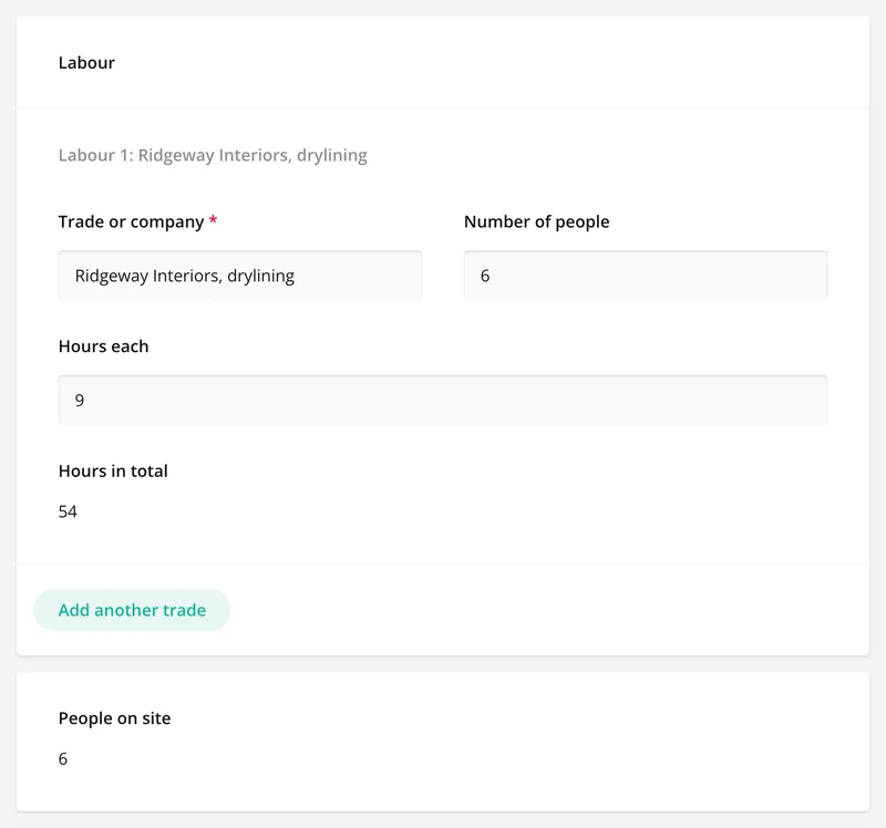 The labour section of the daily report with a drylining trade, six people at nine hours each, 54 hours in total and six people on site