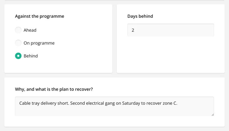 Against the programme set to Behind, with two days behind and the plan to recover