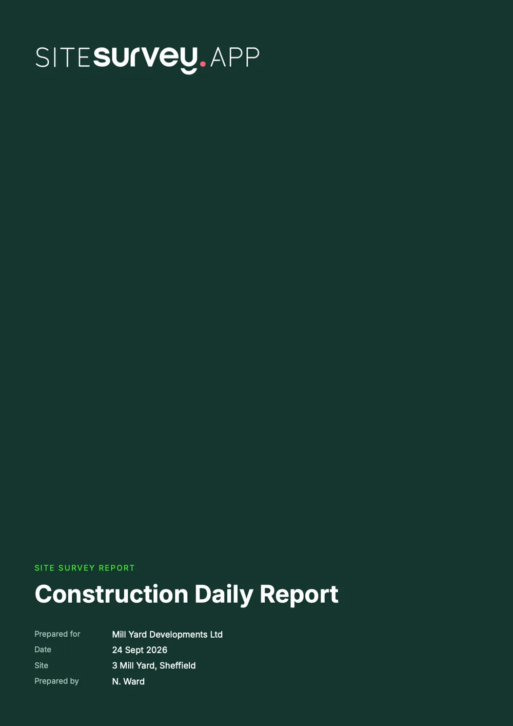 Cover of a sample construction daily report for 3 Mill Yard, Sheffield, dated 24 September 2026