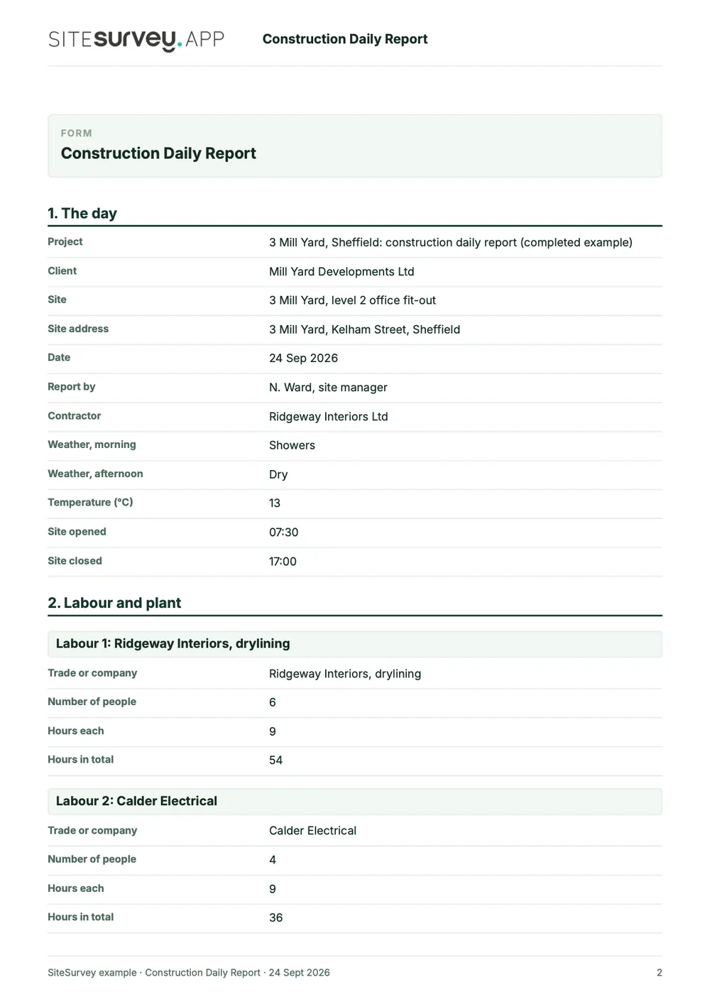 Construction daily report, page 2