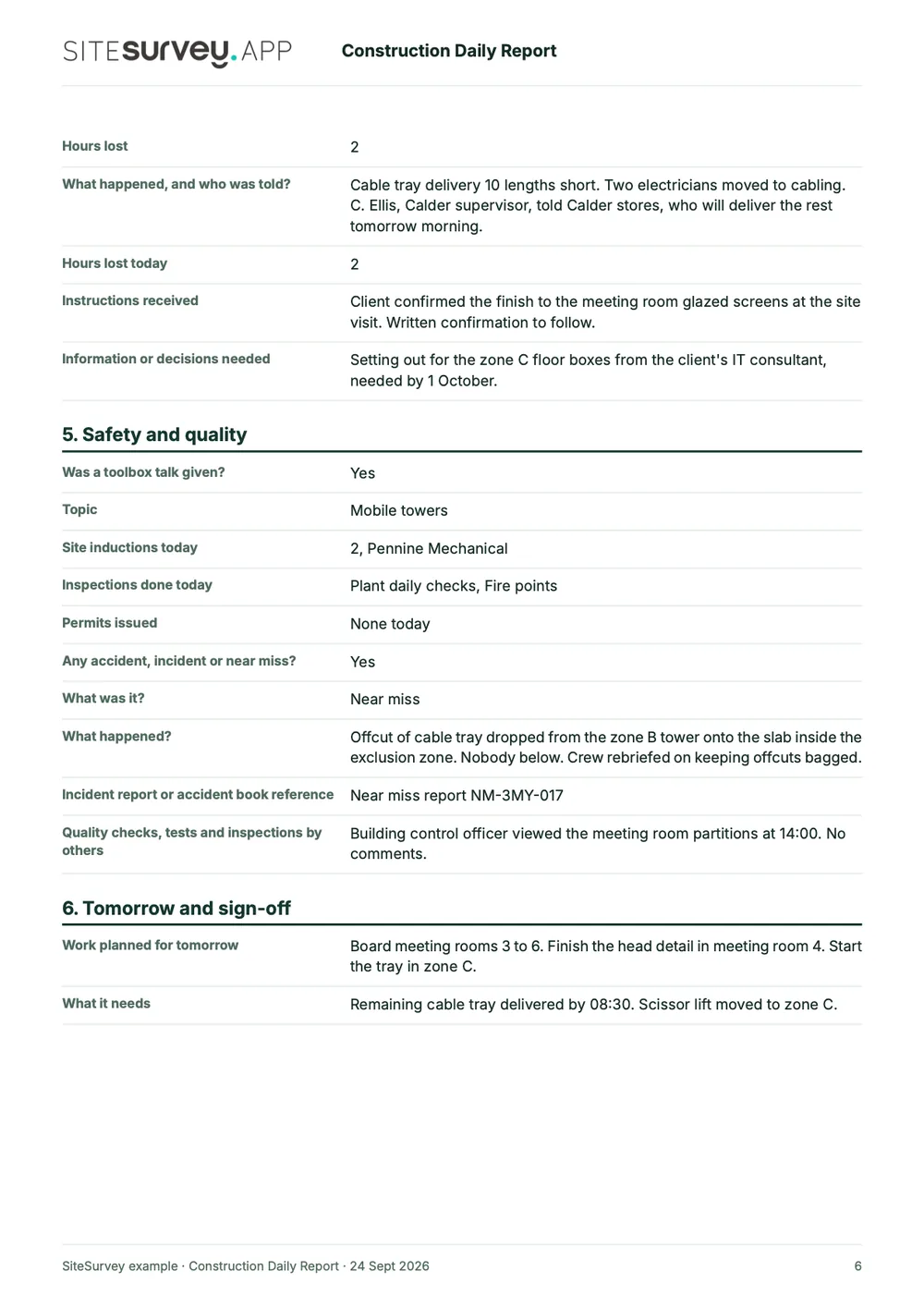 Construction daily report, page 6