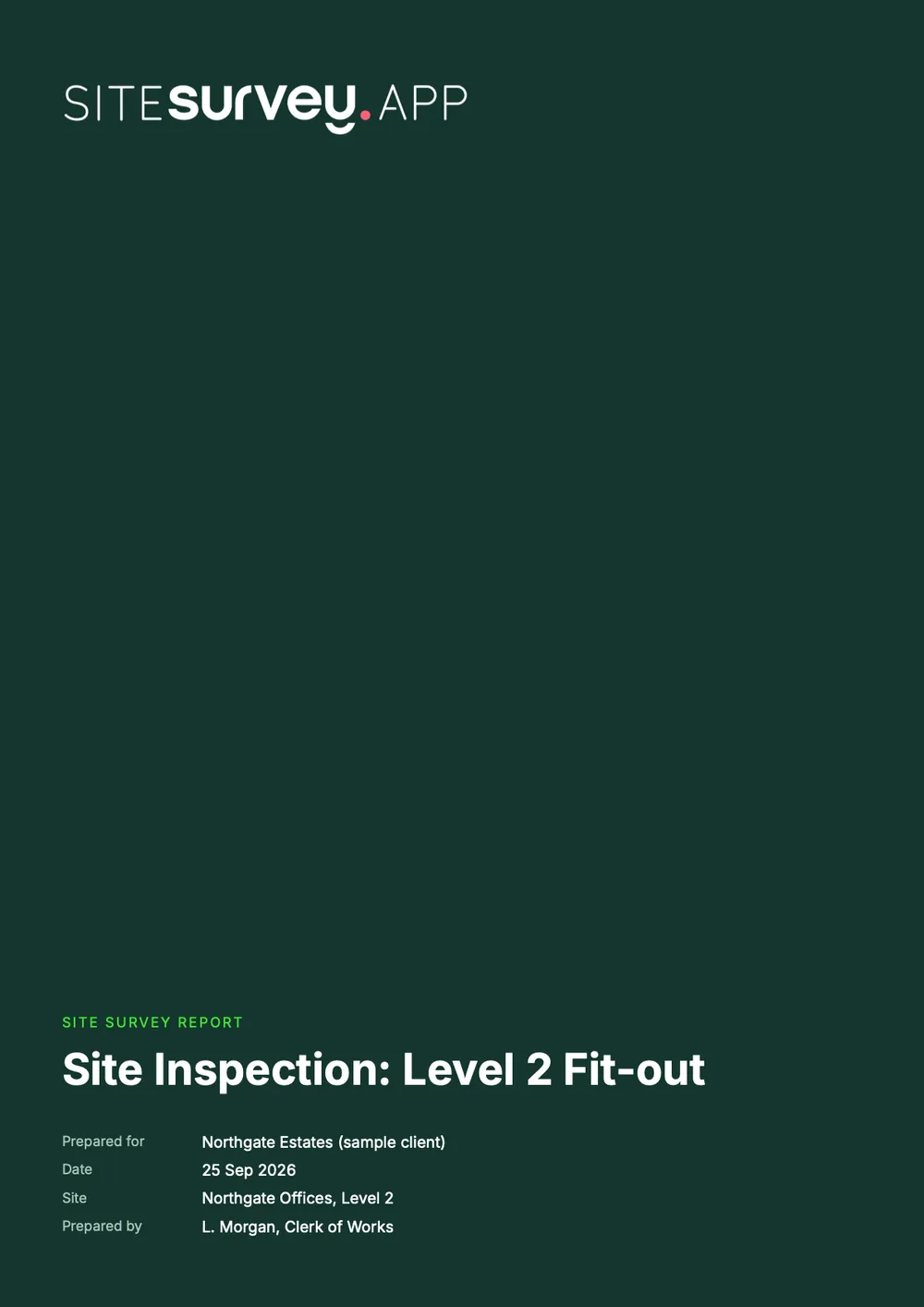 Cover of a sample site inspection report for the Level 2 fit-out at Northgate Offices
