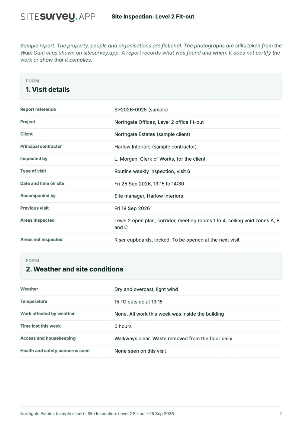 Site inspection report, page 2