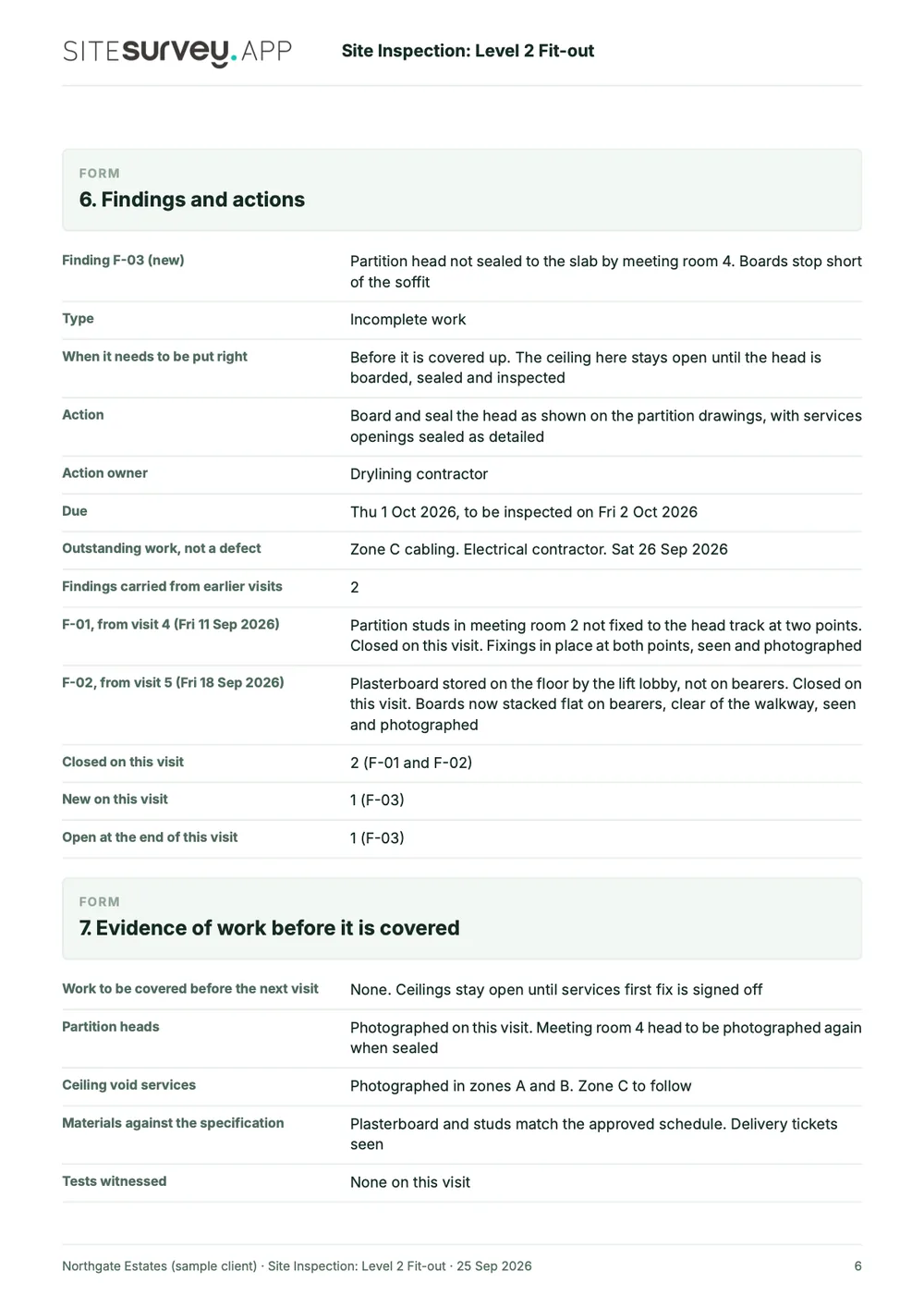 Site inspection report, page 6