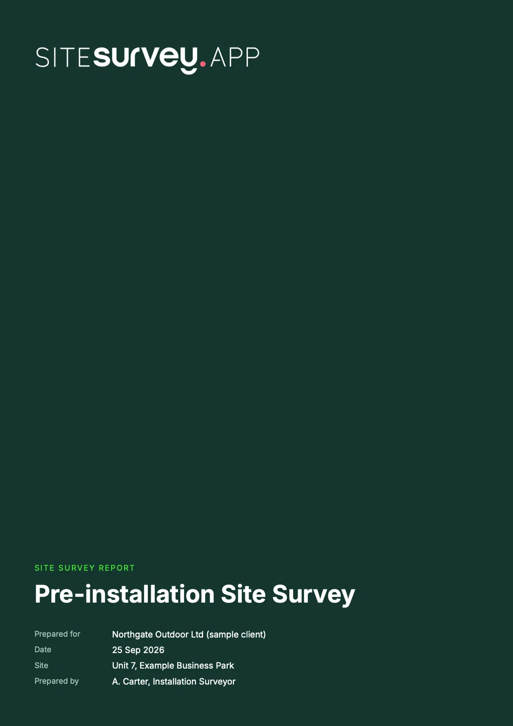 Cover of a sample pre-installation site survey report for Unit 7, Example Business Park