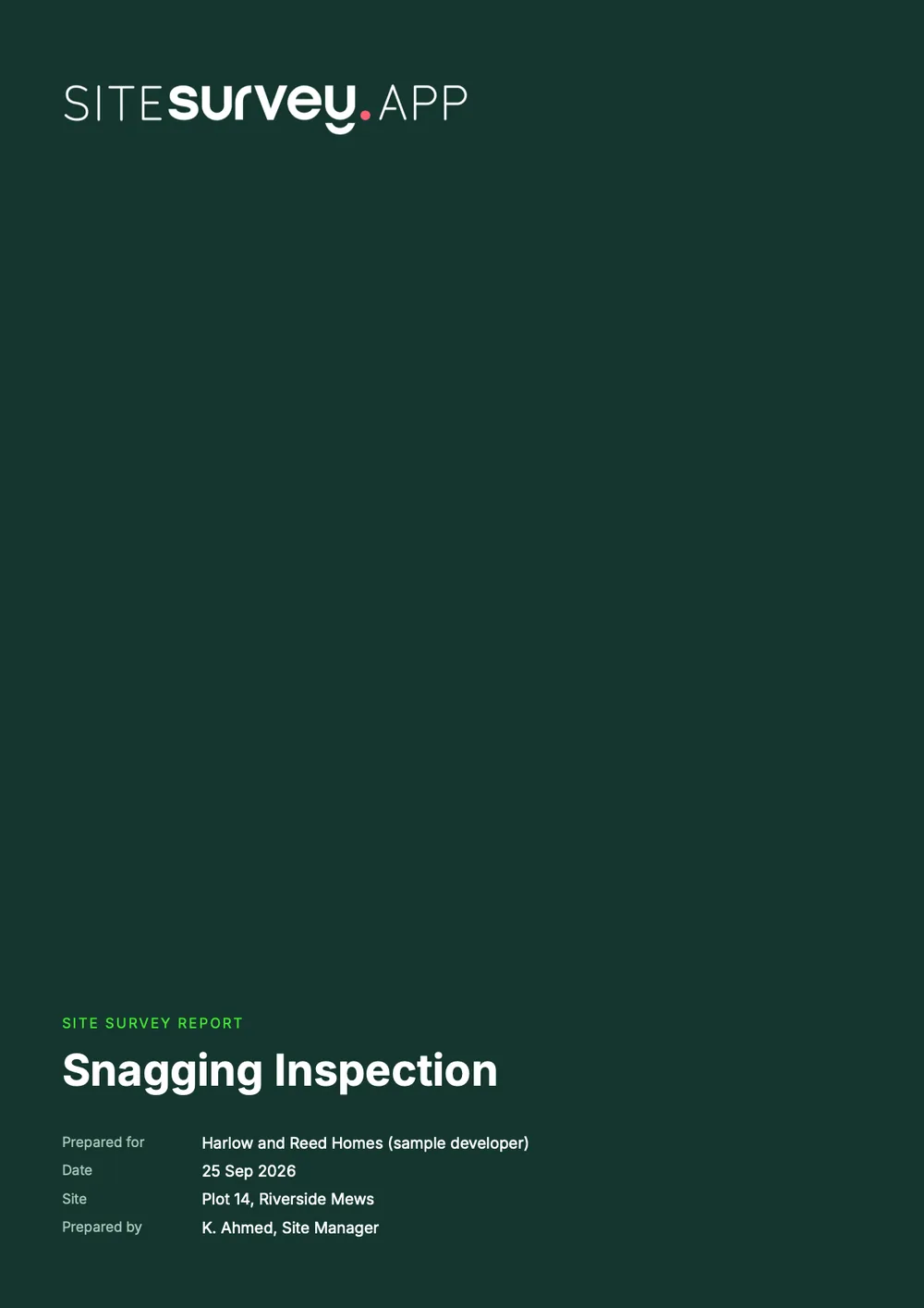 Cover of a sample snagging inspection report for Plot 14, Riverside Mews