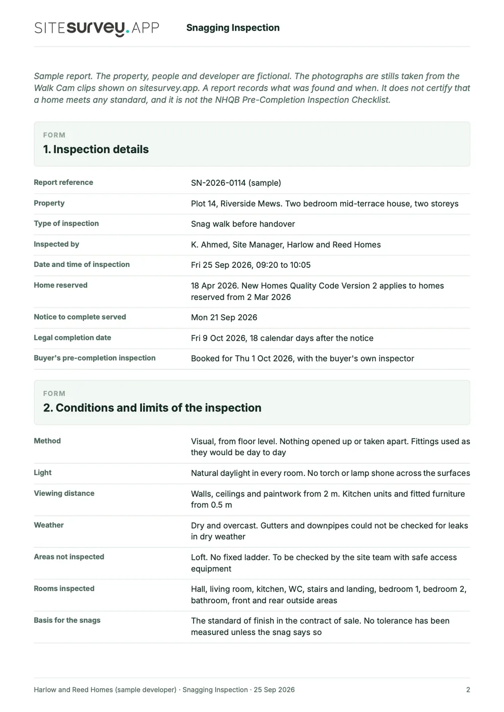 Snagging inspection report, page 2
