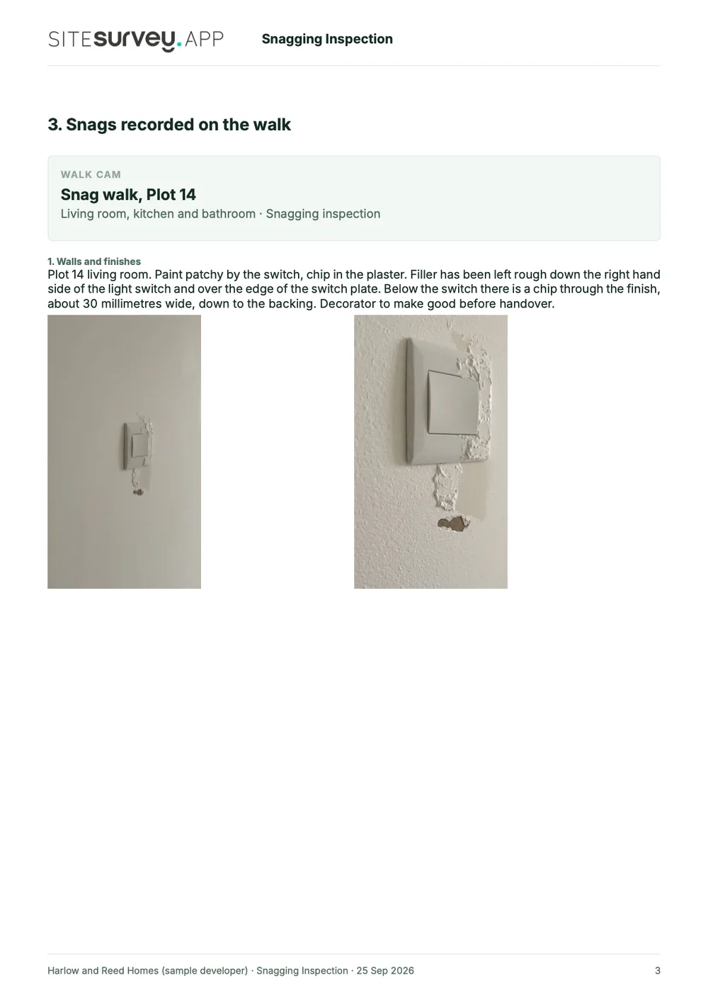 Snagging inspection report, page 3