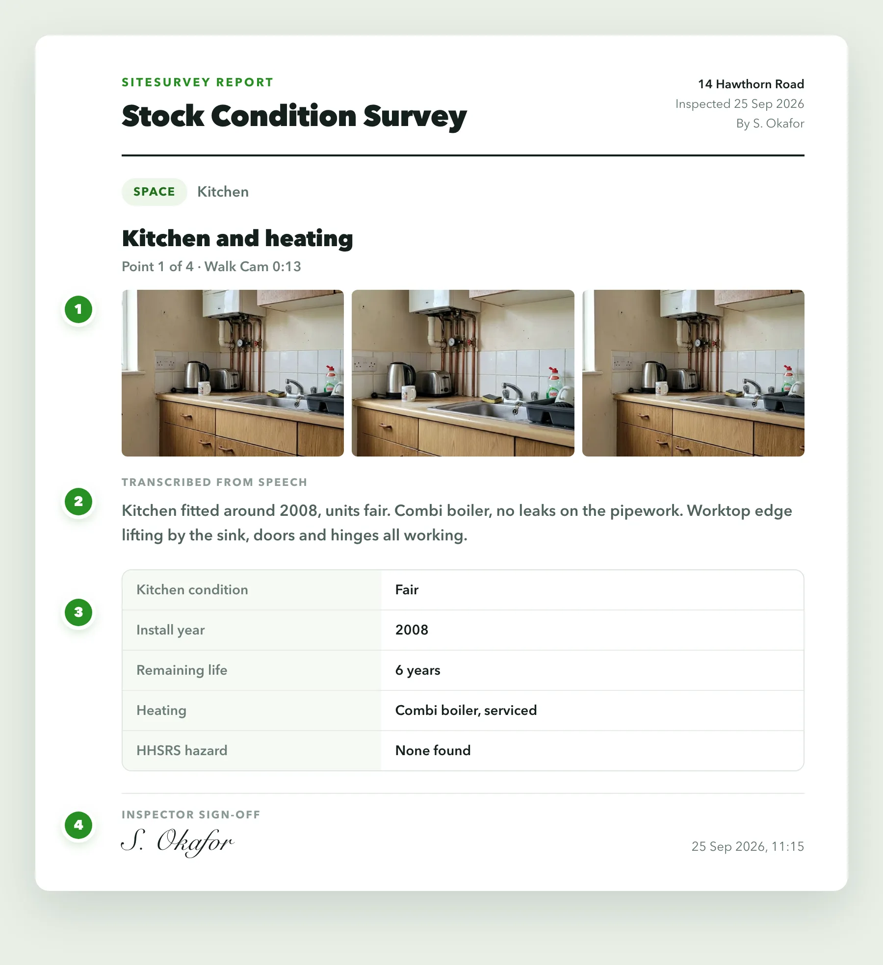 One page of a stock condition survey report: stills of the kitchen and boiler, the transcribed notes, the condition ratings and the surveyor's dated sign-off