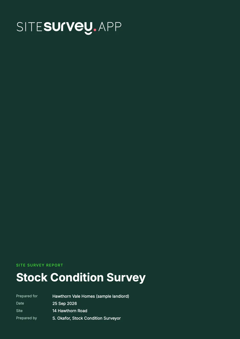 Cover of a sample stock condition survey report for 14 Hawthorn Road