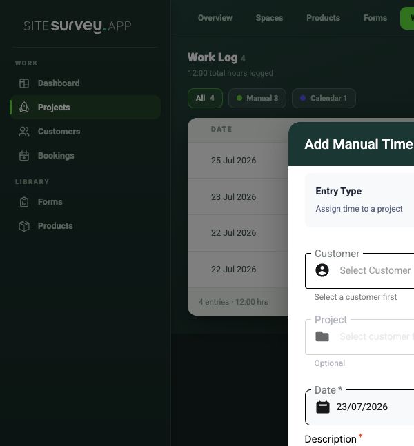 SiteSurvey manual time entry form with customer, project, date, hours, minutes and work description fields.