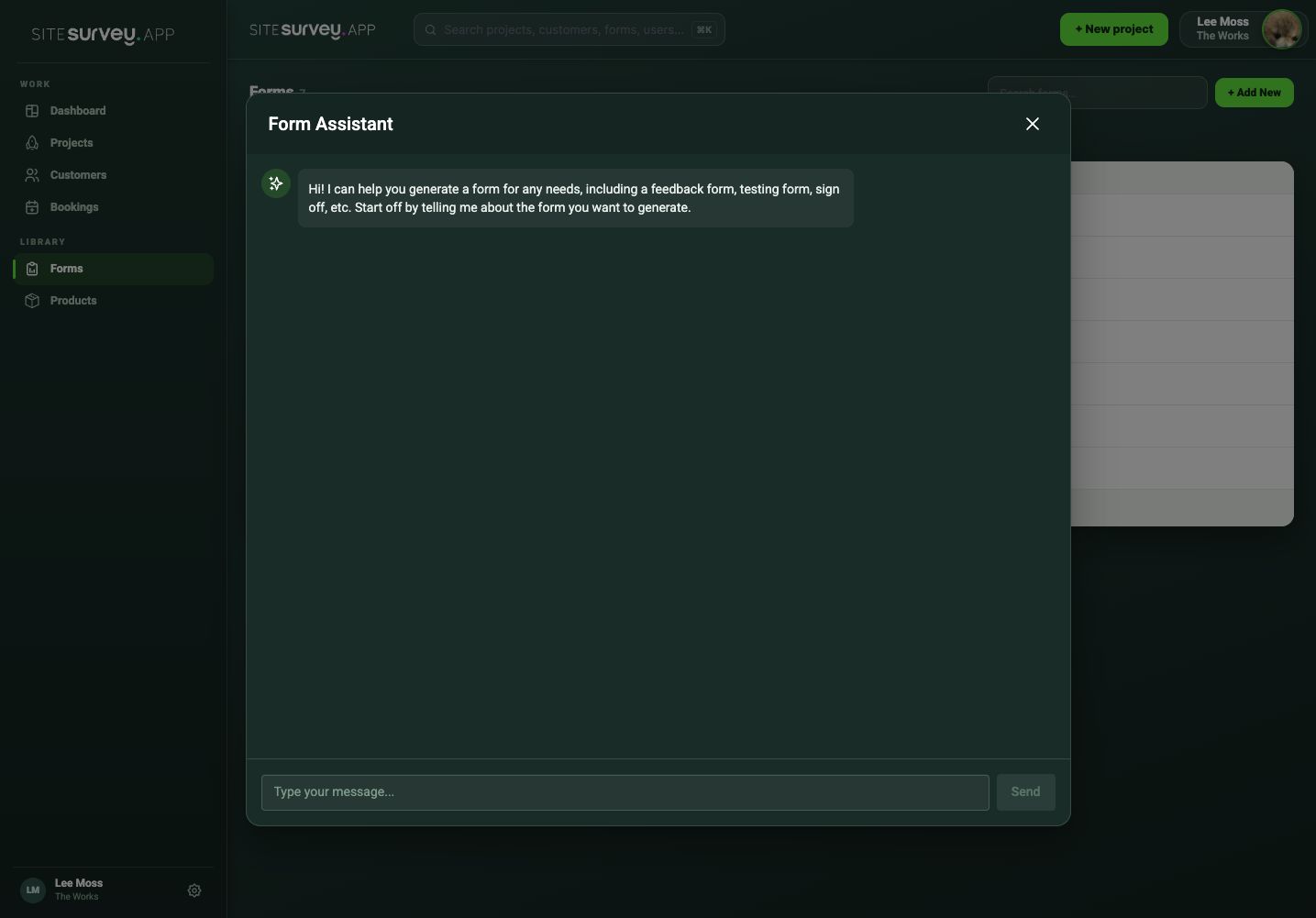 SiteSurvey AI Form Assistant ready for a plain-language description of the form to generate.