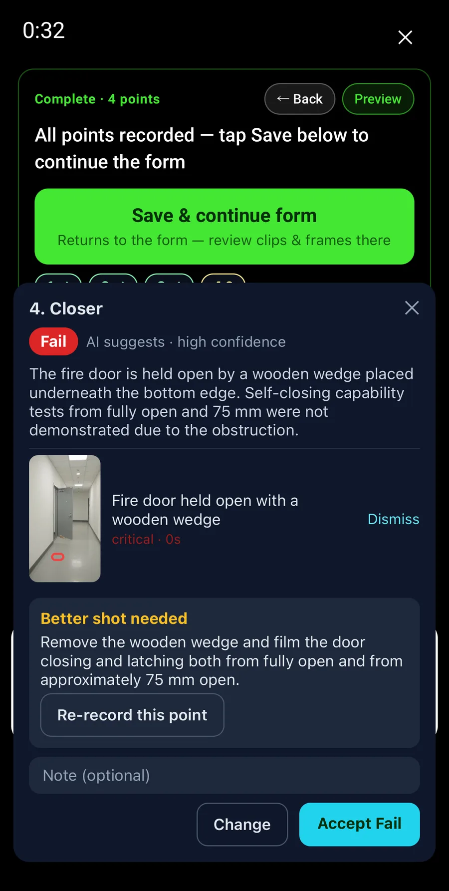 The findings sheet for point 4, Closer: a red Fail chip, AI suggests, high confidence, a summary saying the door is held open by a wooden wedge, a still with the wedge boxed in red, and a Better shot needed request.