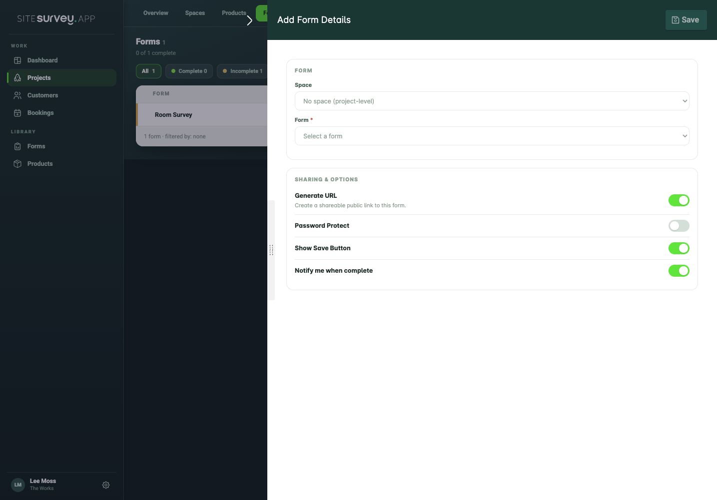 SiteSurvey form assignment panel showing space selection, reusable forms and public sharing options.