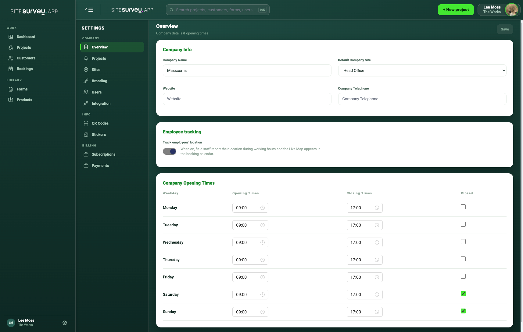 SiteSurvey Company Overview with employee tracking and weekday opening-time controls.