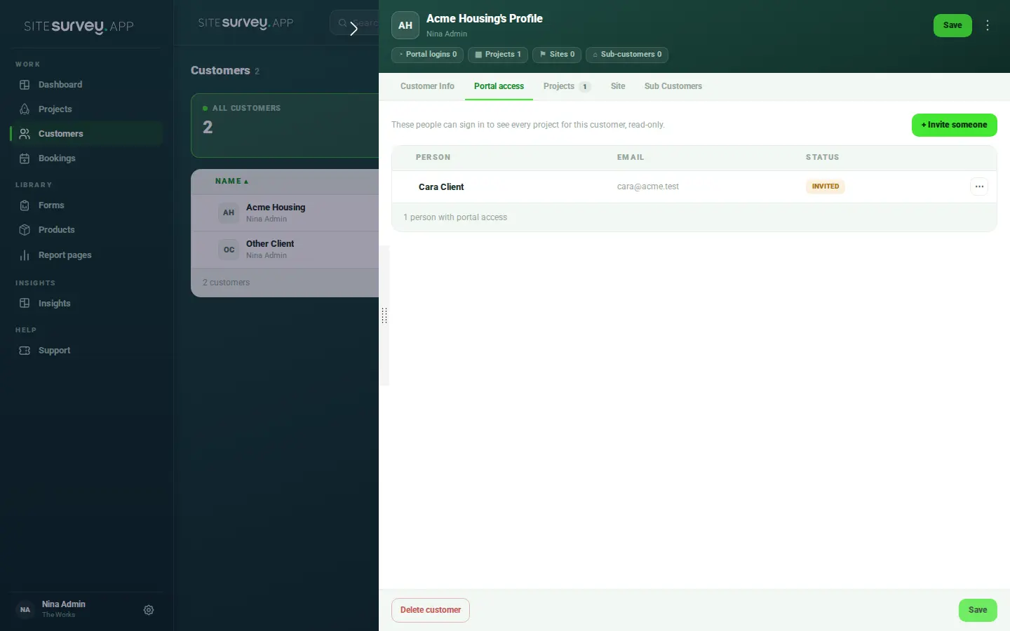The Portal access tab on a customer in SiteSurvey, listing the people who can sign in with their status and an Invite someone button.