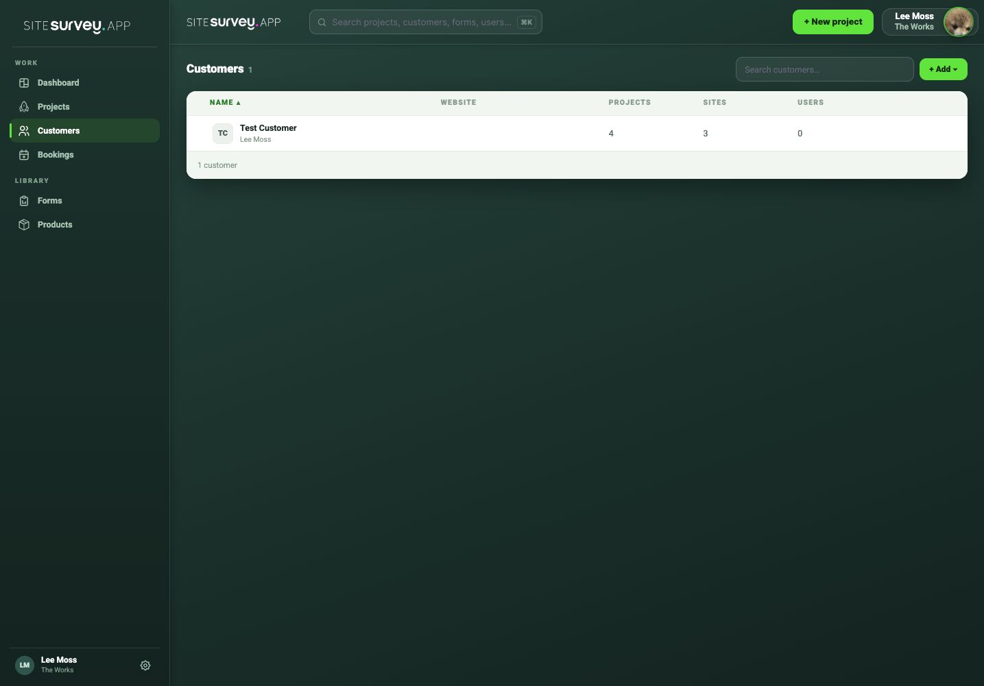 SiteSurvey customers overview showing a customer record with its project, site and user totals.
