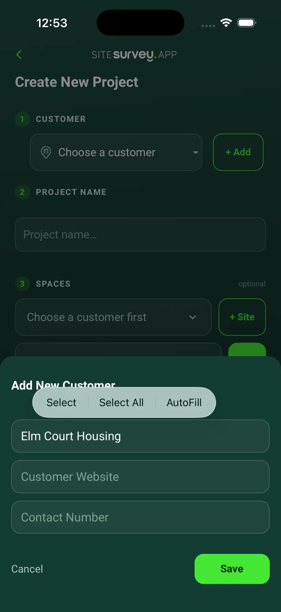 The Add New Customer panel in the SiteSurvey app with the customer name typed in and a green Save button.